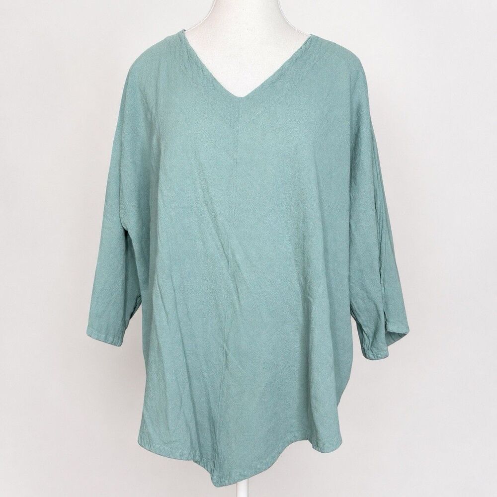 Oh My Gauze Size 3 Sage Green Cotton V Neck Sharkbite Tunic Top Oversized